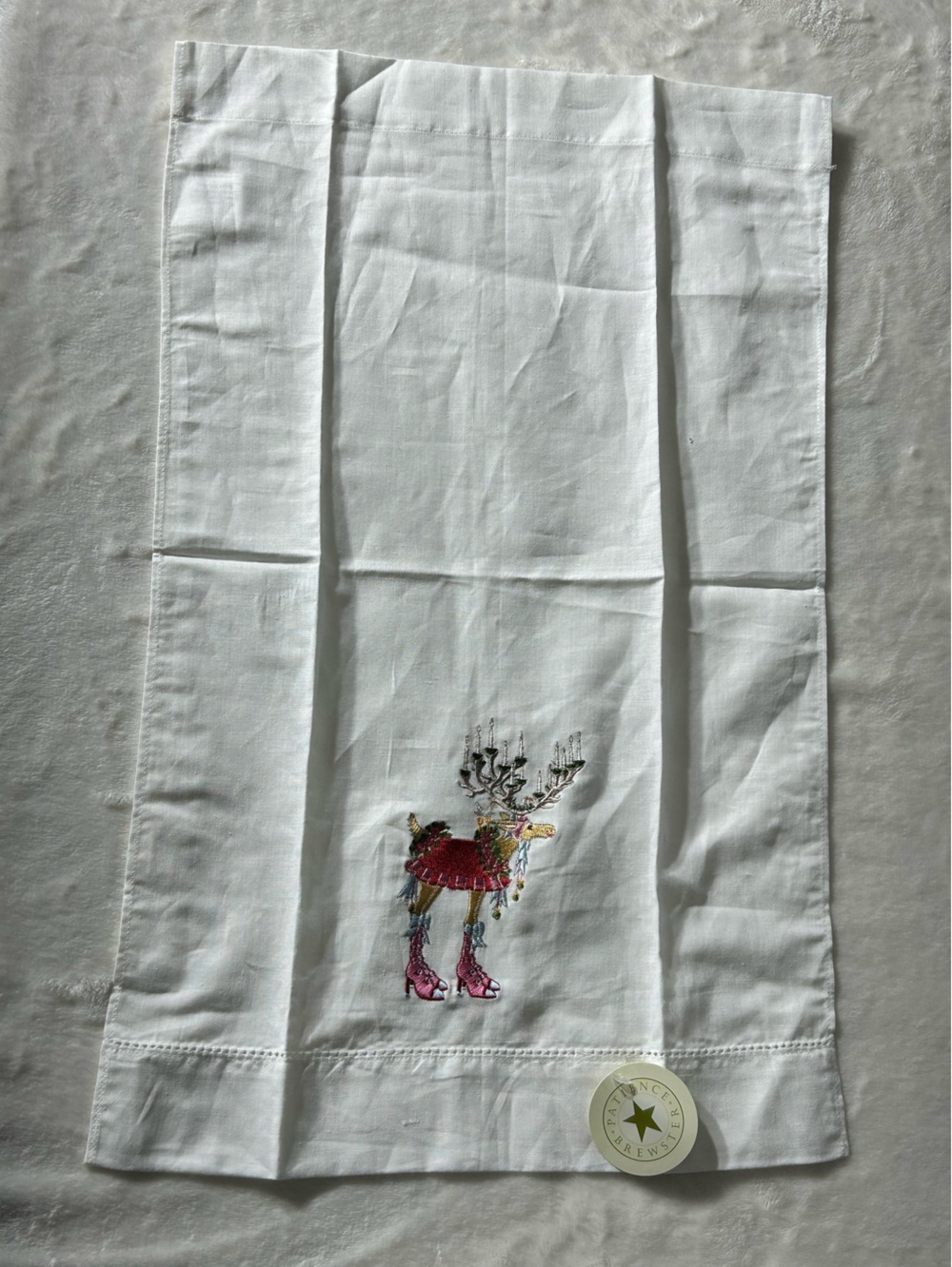 White Holiday Guest Towel with Festive Embroidered Reindeer